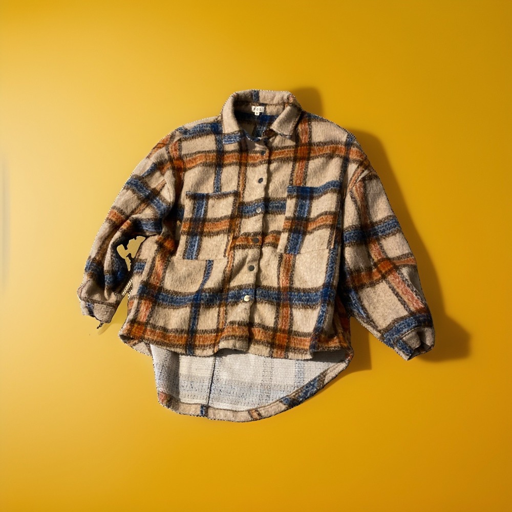 POL SMJ169 Women's Plaid Shacket Jacket Button Collared Pockets S Oversized